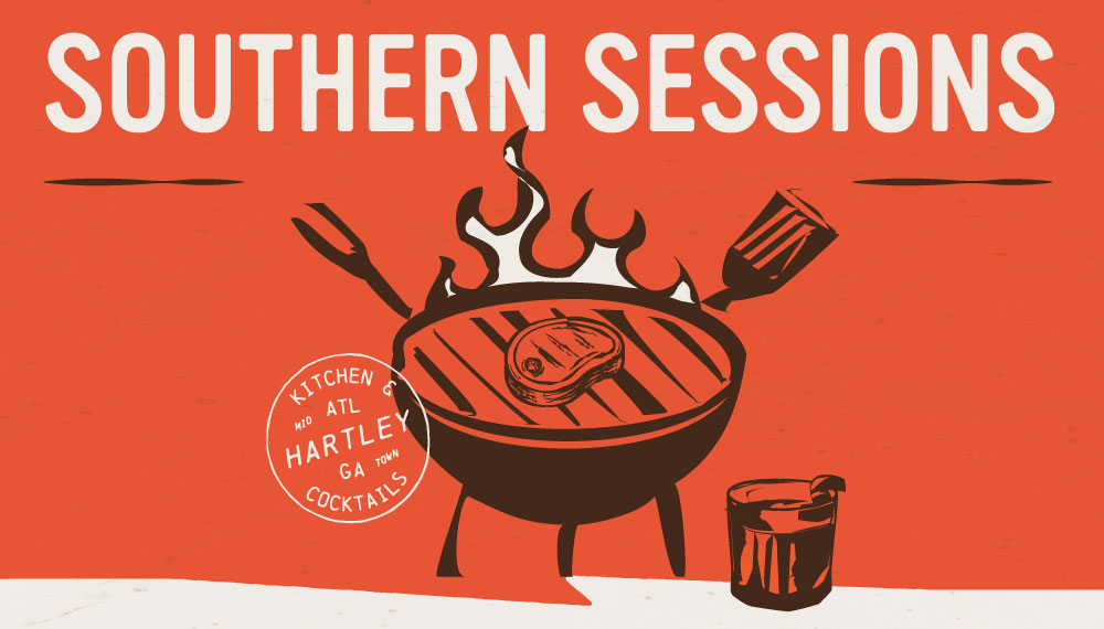 Southern Sessions Tile with illustration of a charcoal grill, meat, flames, bbq utensils, and a cocktail