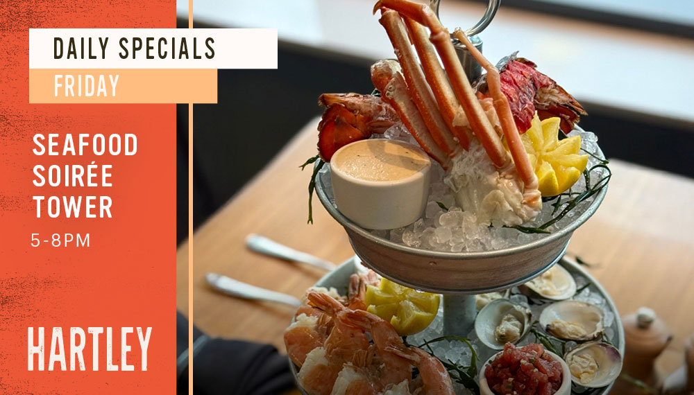 Aveline seafood tower with Seafood Soiree Tower text