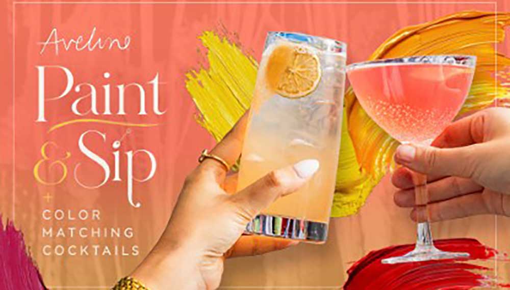 flyer for paint and sip with two hands toasting with cocktails