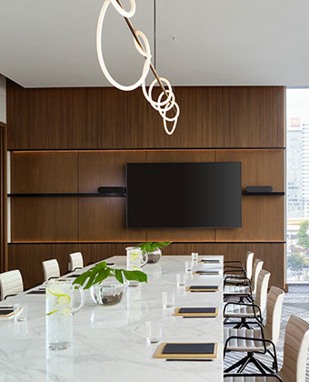 Boardroom with long table, screen and floor to ceiling windows